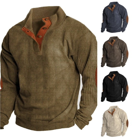 SONXAHE Men's Elbow Patch Turn Down Collar Sweater Long Sleeve Button Front Casual Fall Pullover