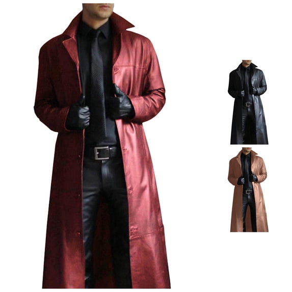 SONXAHE Men's Leather Long Trench Coat Lapel Open Front Belted Gothic Overcoat Jacket