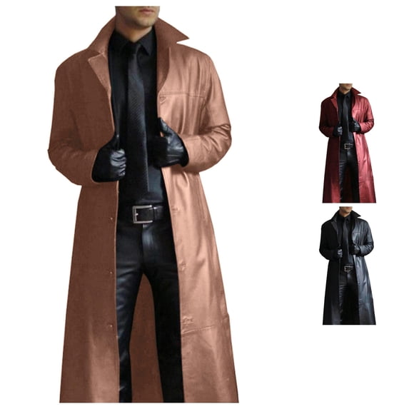 SONXAHE Men's Leather Long Trench Coat Lapel Open Front Belted Gothic Overcoat Jacket