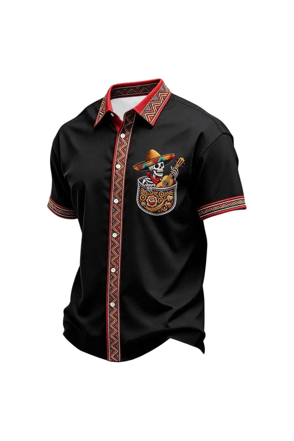 Men's Graphic Short-Sleeve Shirt Embroidered Mexican-Inspired Button-Down Shirt