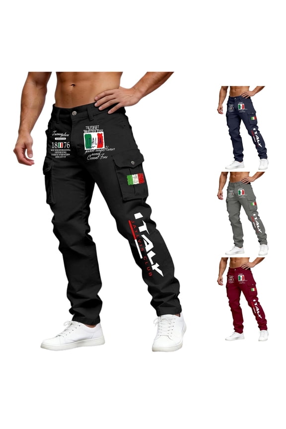 Men's Italy Flag Letter Print Cargo Pants Tapered Fit Summer Street Long Trousers