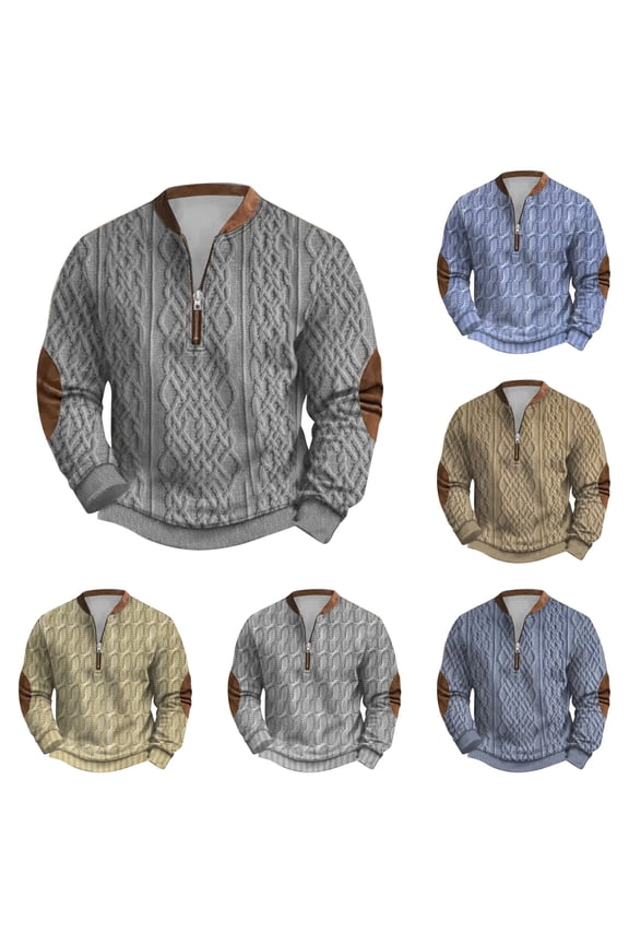 Men's Quarter Zip Cable Knit Sweater Elbow Patch Regular Fit Sweaters Rustic Fall Winter Pullover Tops