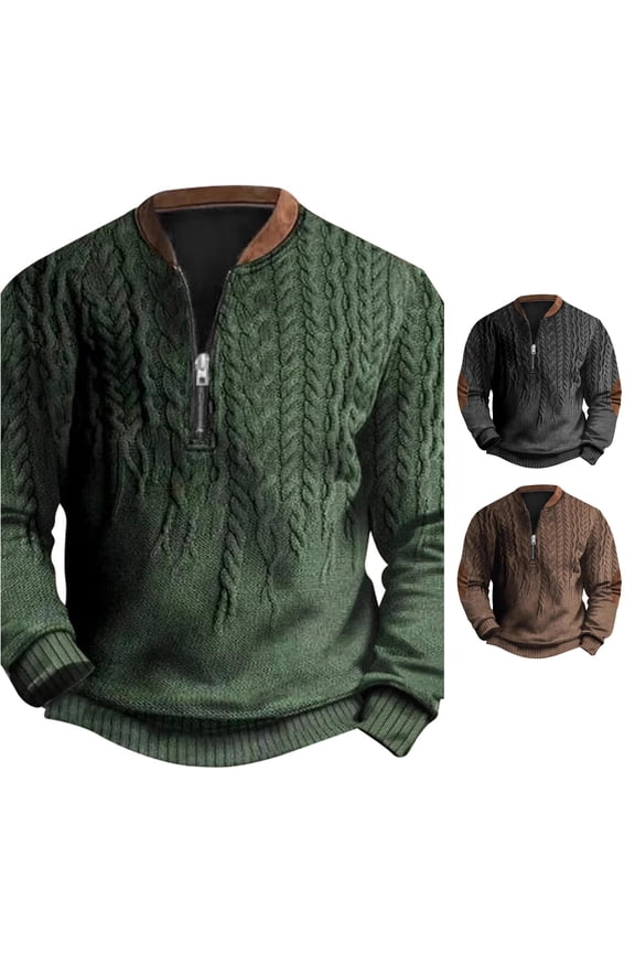Men's Quarter Zip Cable Knit Sweater Elbow Patches Casual Fall Winter Pullover Sweaters