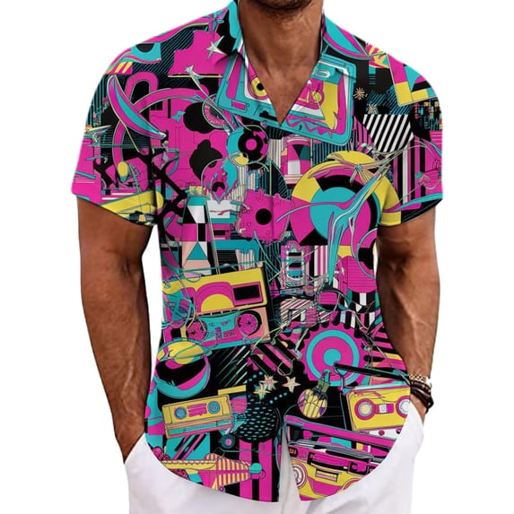 SONXAHE Men's Retro Graphic Short Sleeve Shirt 80s Music-themed Camp Collar Button-down Blouse