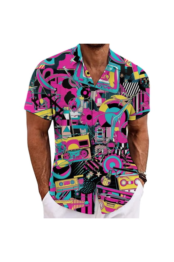 Men's Retro Graphic Short Sleeve Shirt 80s Music-themed Camp Collar Button-down Blouse