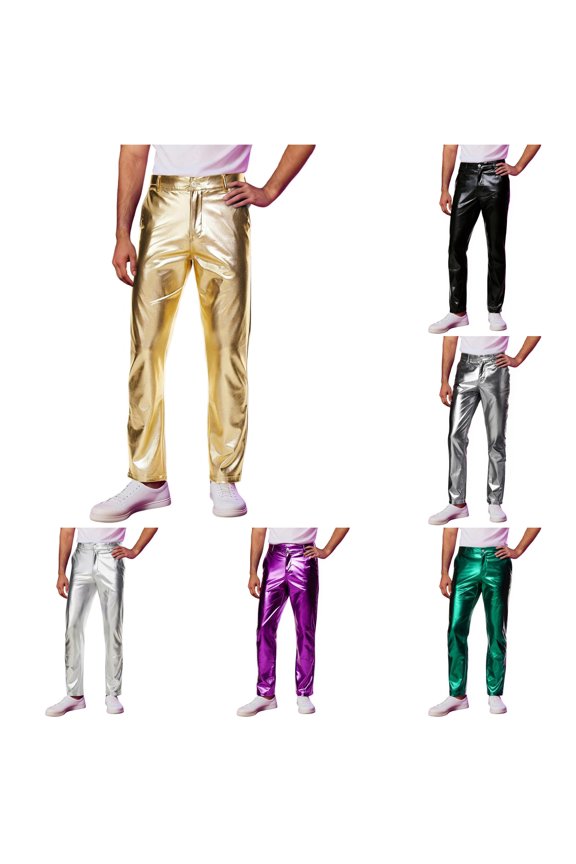 Men's Shiny Leather Slim Pants Button Zip Fly Straight Fit Night Club Trousers