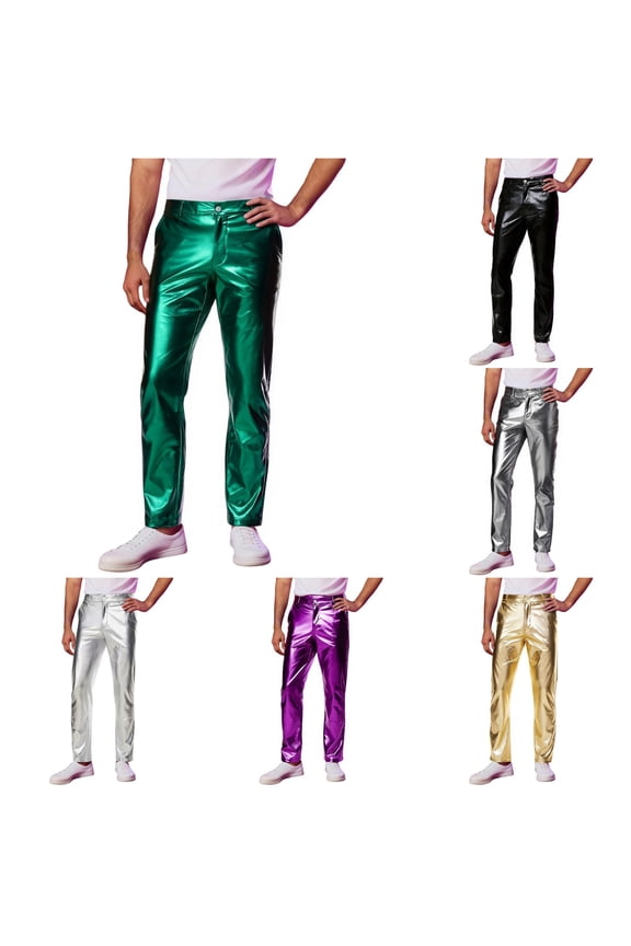 Men's Shiny Leather Slim Pants Button Zip Fly Straight Fit Night Club Trousers