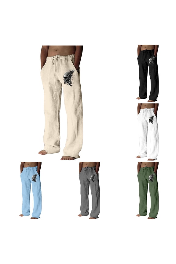 Men's Skull Print Drawstring Wide Leg Pant Drop Pocket Flowy Spring Daily Wear Long Trouser