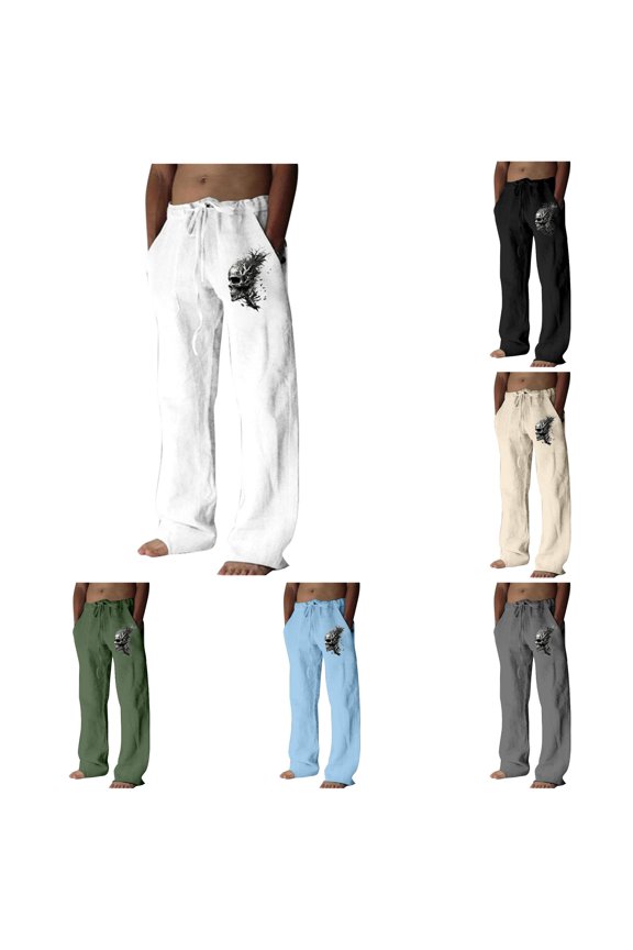 Men's Skull Print Drawstring Wide Leg Pant Drop Pocket Flowy Spring Daily Wear Long Trouser