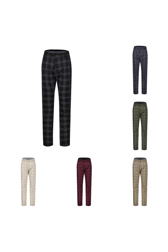 Men's Slim Fit Full-Length Pants Mid-Rise Plaid Urban Workplace Weekend Trousers