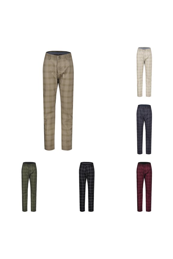 Men's Slim Fit Full-Length Pants Mid-Rise Plaid Urban Workplace Weekend Trousers