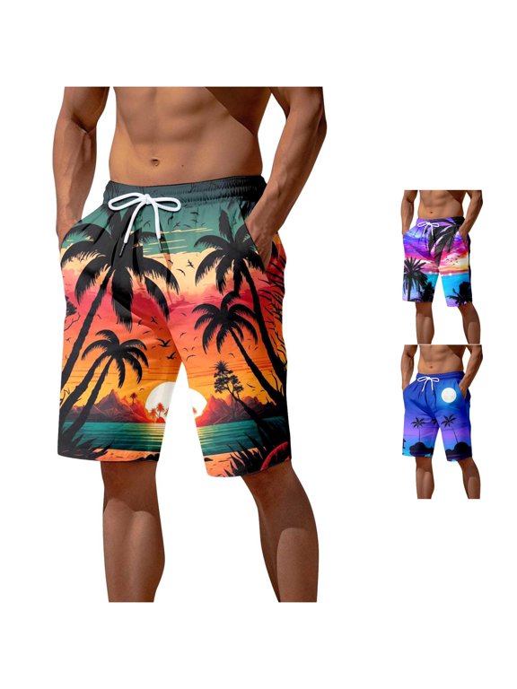 Men's Sunset Print Swim Shorts Elastic Waist Pocket Swim Shorts Tropical Travel Long Trunks
