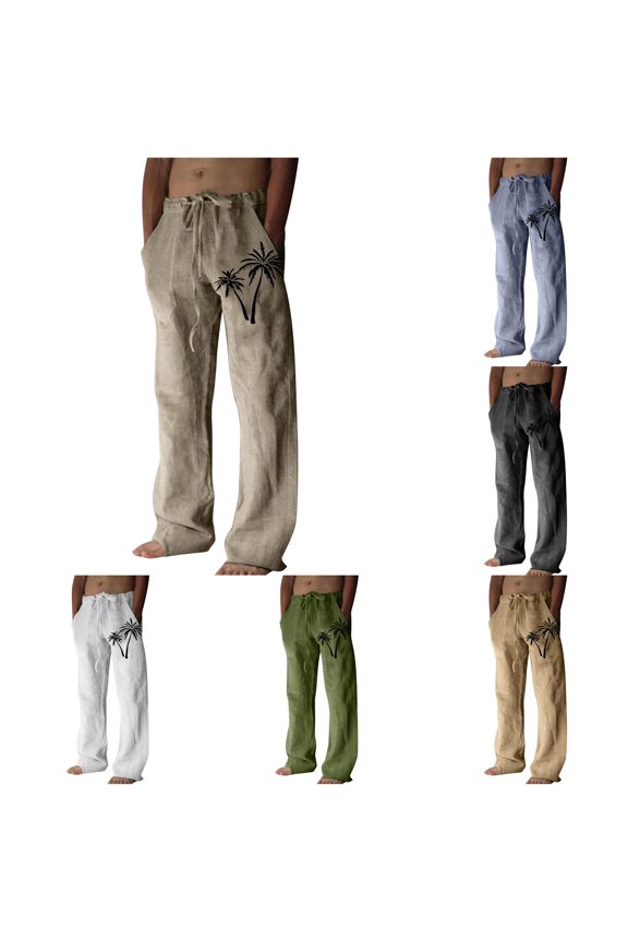 Men's Tree Print Straight Leg Pants Loose Fit Breezy Beach Vacation Trousers