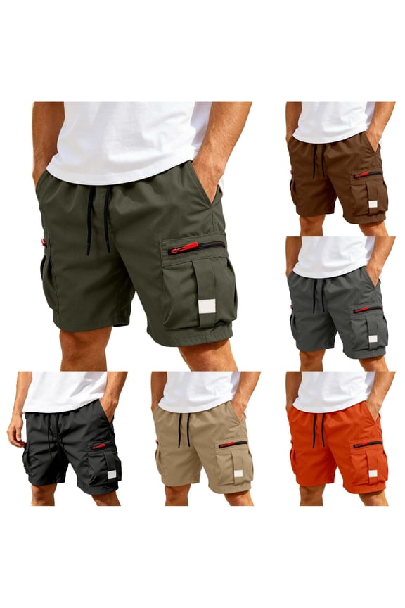 Mens Cargo Shorts Drawstring Elastic Waist Zipper Pockets Outdoor Travel Bottom Garment