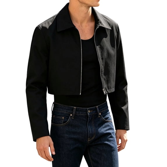 SONXAHE Mens Cropped Collared Jacket zip front long sleeve casual outer coat