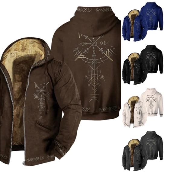 SONXAHE Mens Viking Rune Symbol Fleece Lined Zip Up Hooded Jacket Long Sleeve Warm Casual Outerwear Coat