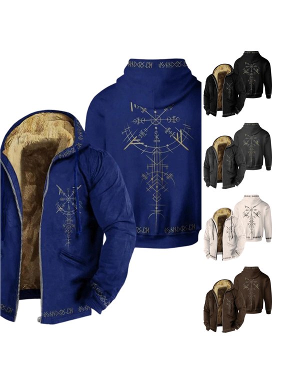 Mens Viking Rune Symbol Fleece Lined Zip Up Hooded Jacket Long Sleeve Warm Casual Outerwear Coat
