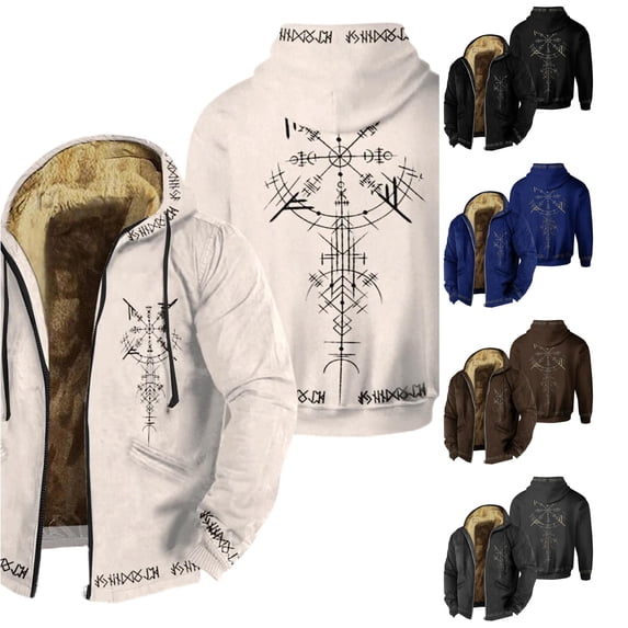 SONXAHE Mens Viking Rune Symbol Fleece Lined Zip Up Hooded Jacket Long Sleeve Warm Casual Outerwear Coat