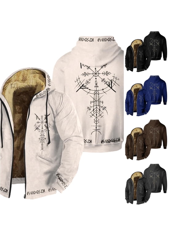 Mens Viking Rune Symbol Fleece Lined Zip Up Hooded Jacket Long Sleeve Warm Casual Outerwear Coat