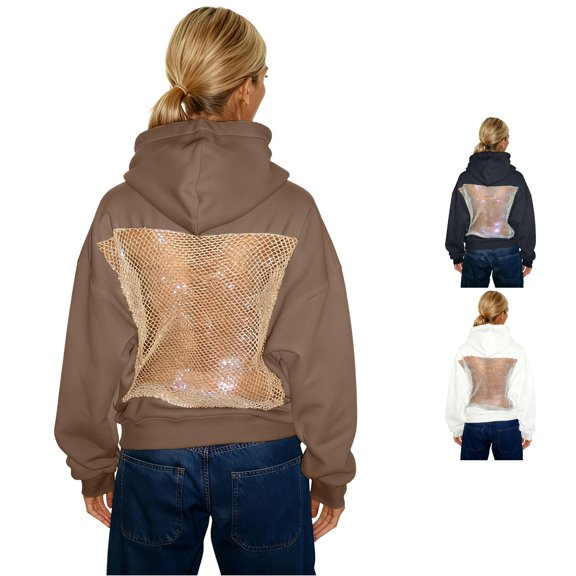 SONXAHE Mesh Rhinestone Patch Hoodie for Women Trendy Night Out Sweatshirt