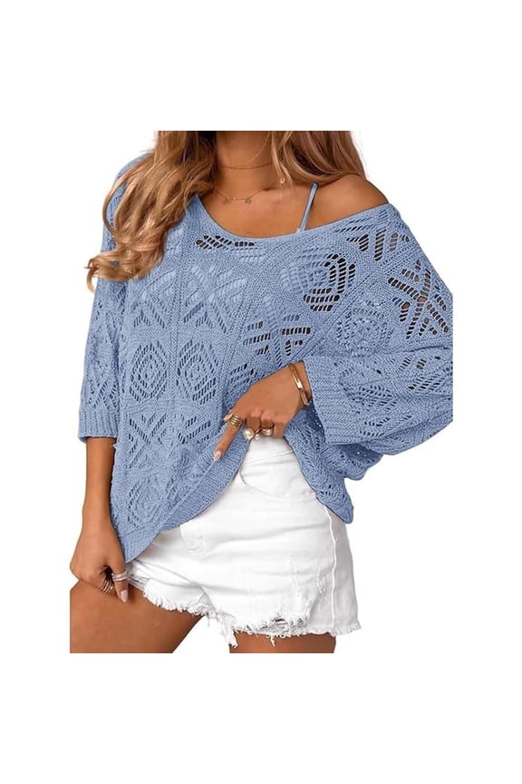 Openwork Knit Sweater for Women Three Quarter Sleeve Beach Weekend Casual Pullover