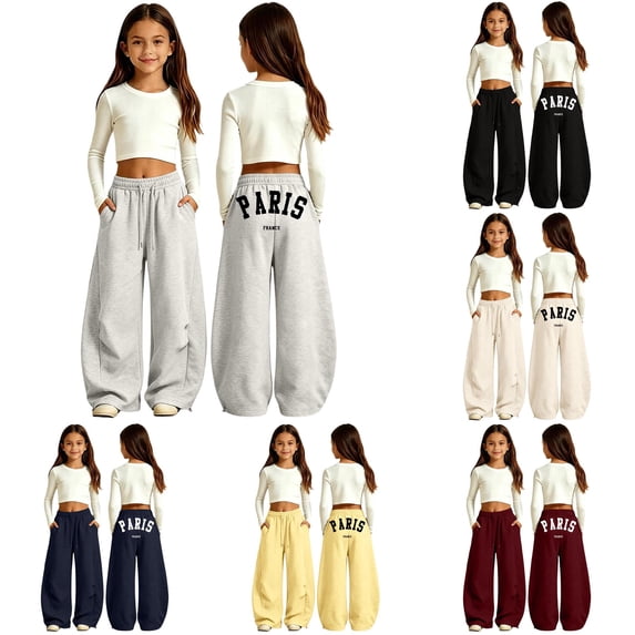 SONXAHE Paris‑Letter‑Print Sweatpants for Big Girl Print Casual Pants Bottoms