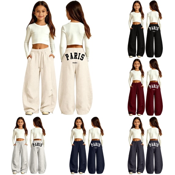 SONXAHE Paris‑Letter‑Print Sweatpants for Big Girl Print Casual Pants Bottoms