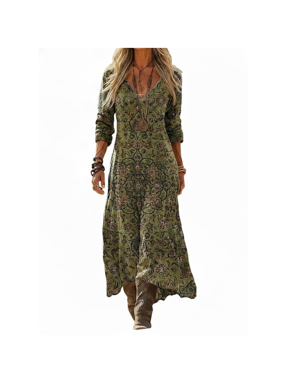 Patterned Maxi Dress for Women Long Sleeve V Neck Bohemian Western Casual Sundress
