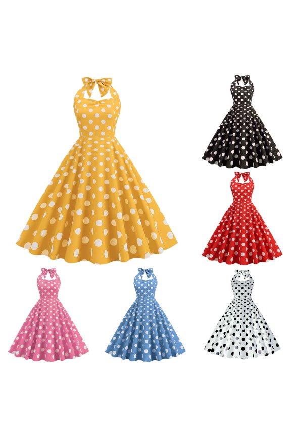 Polka Dot Midi Dress For Women Halter Neck Back Bow Flared Hem Vintage Wedding Guest Long Dress