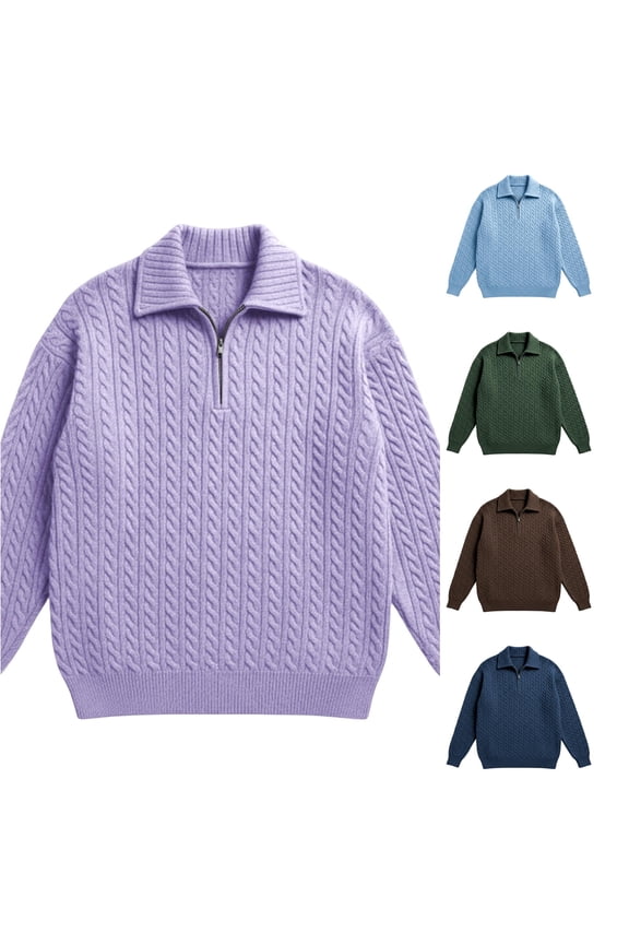 Quarter Zip Cable Knit Sweater for Men Turn Down Collar Warm Fall Winter Pullover Tops