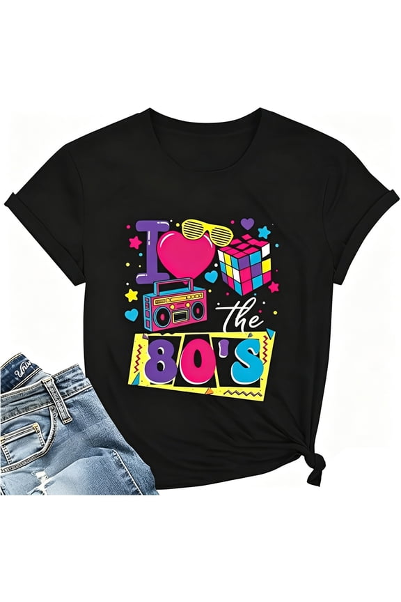 Retro 80s Nostalgia Short Sleeve T-Shirt for Women Vintage-inspired 80s Themed Casual Crew Neck Tee