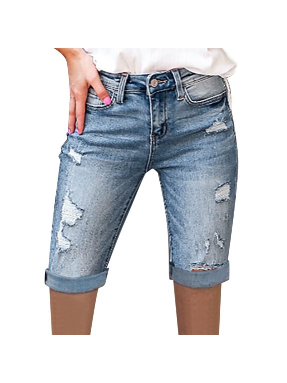 Ripped Distressed Denim Capri Shorts For Women Rolled Hem Summer Casual Denim Bottoms