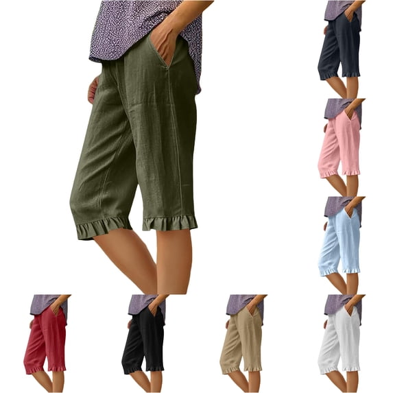 SONXAHE Ruffle Hem Knee Length Capri Pants for Women Side Pocket Weekend Walk Cropped Trousers