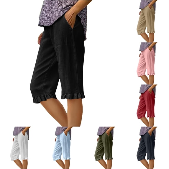 SONXAHE Ruffle Hem Knee Length Capri Pants for Women Side Pocket Weekend Walk Cropped Trousers