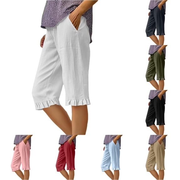 SONXAHE Ruffle Hem Knee Length Capri Pants for Women Side Pocket Weekend Walk Cropped Trousers