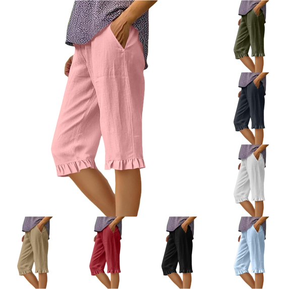 SONXAHE Ruffle Hem Knee Length Capri Pants for Women Side Pocket Weekend Walk Cropped Trousers
