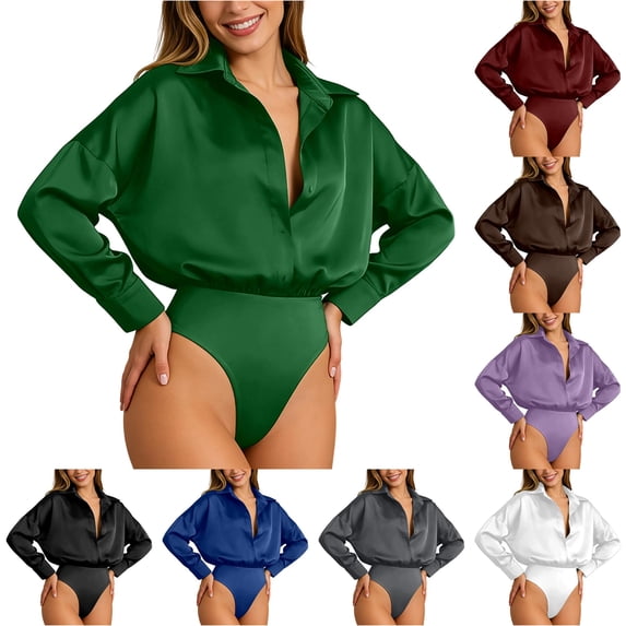 SONXAHE Satin Shirt Bodysuit For Women Oversized Collared Fit Party Night Out Going Out Tops
