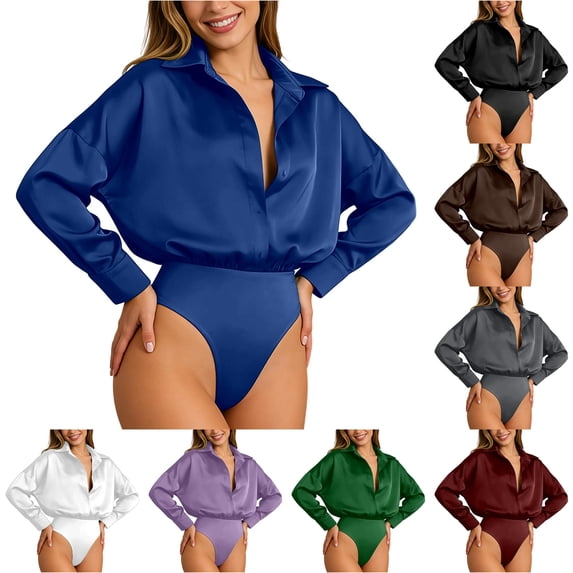 SONXAHE Satin Shirt Bodysuit For Women Oversized Collared Fit Party Night Out Going Out Tops