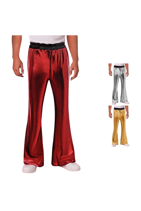 Shiny Elastic Waist Flare Pants for Men Wide Leg Retro Party Night Out Trousers