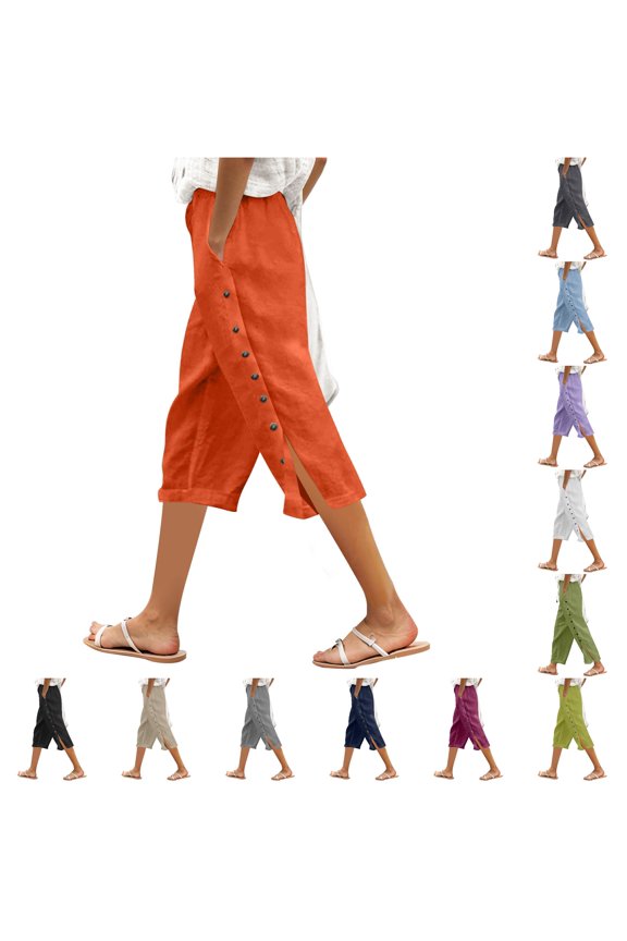 Side Button Split Pants For Women Straight Wide Cut Spring Vacation Casual Trousers