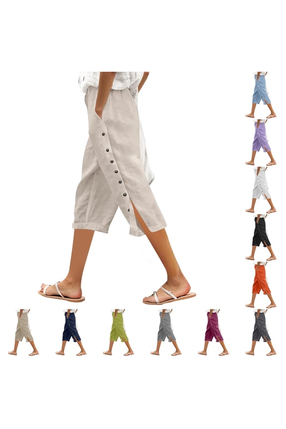 Side Button Split Wide Leg Pants for Women Drawstring Waist Loose Fit Casual Daily Trousers