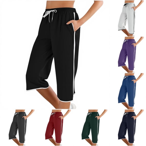 SONXAHE Side Stripe Capri Pants for Women Drawstring Waist Loose Fit Athletic Casual Trousers