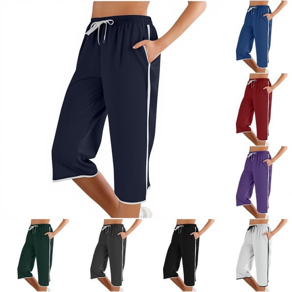 SONXAHE Side Stripe Capri Pants for Women Drawstring Waist Loose Fit Athletic Casual Trousers