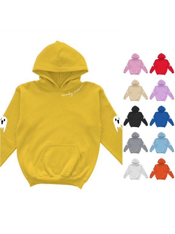 Simple Ghost Print Hoodie for Toddler Girls Long Sleeve Spooky Hoody Sweatshirt Daily Sweatshirt,Yellow