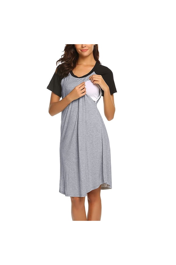 Solid Color Maternity Nightgown Raglan Short Sleeve Nursing Access Breastfeeding Sleep Dress