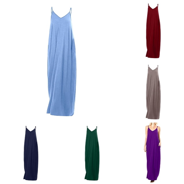 Long Point Bech SONXAHE Solid Color Maxi Dress For Women Thin Spaghetti Straps V Neck ...