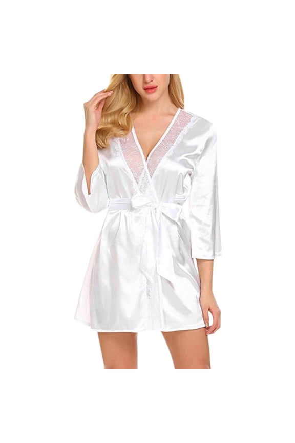 Solid Color Satin Robe For Women Lace Panel Three Quarter Sleeve Self Tie Night Gown