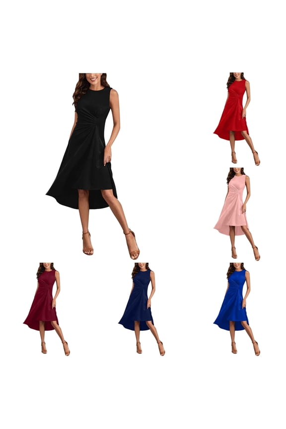 Solid Color Sleeveless Midi Dress For Women Ruched Waist High Low Silhouette Evening Long Dress
