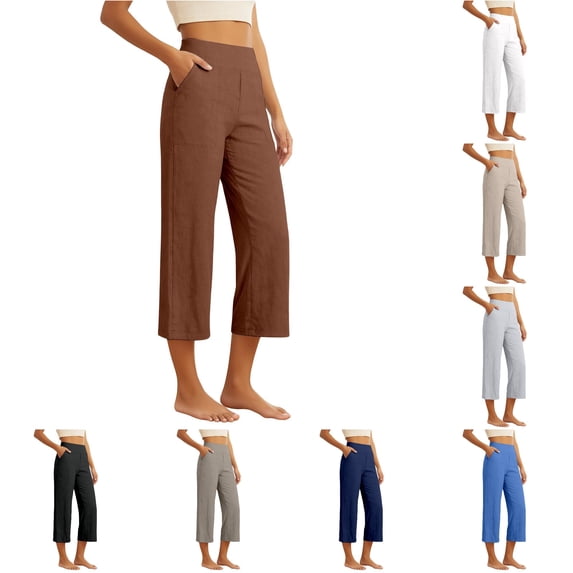SONXAHE Solid Linen Capri Pants Womens Relaxed Cropped Fit Casual Summer Everyday Bottoms