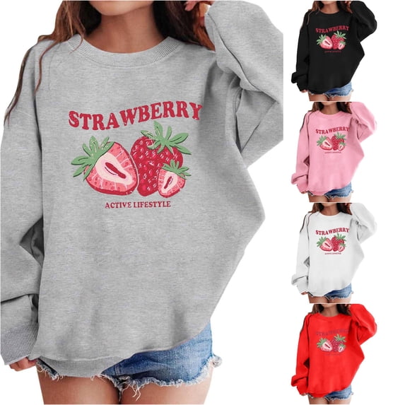 SONXAHE Strawberry Print Sweatshirt for Toddler Girls Long Sleeve Casual Sweatshirts Daily Sweat Tops,Grey